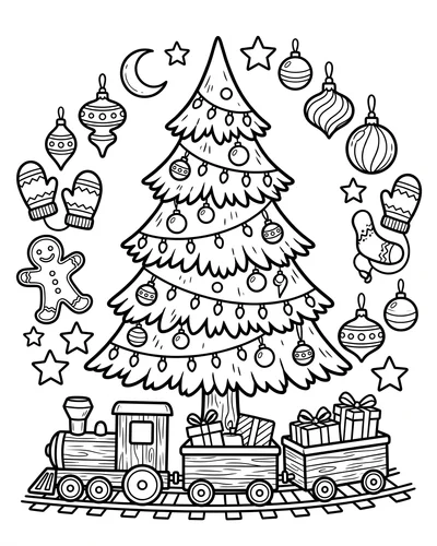 Free printable Christmas tree coloring page with a gingerbread man, mittens and a toy train for kids