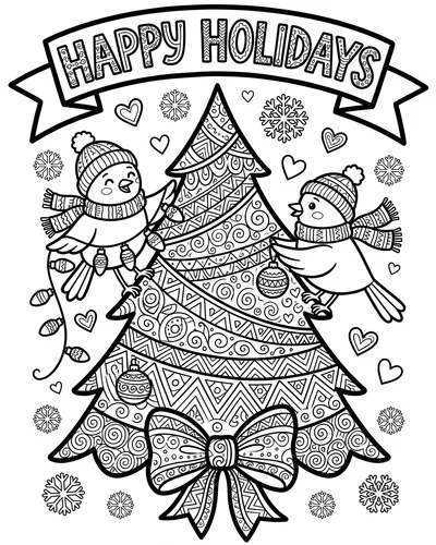Free printable Happy Holidays Christmas tree coloring page with birds in hats and scarves for kids