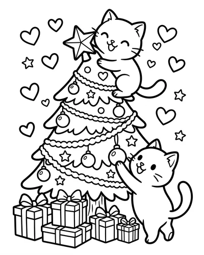 Free printable Christmas tree coloring page of cute big-eyed cats decorating a tree with gifts and hearts for kids