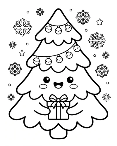 Free printable Christmas tree coloring page of a cute tree holding a present among snowflakes for kids