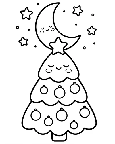 Free printable Christmas tree coloring page of a sleepy tree under a crescent moon and stars for kids