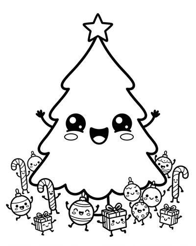 Free printable Christmas tree coloring page of a big happy tree with dancing ornament characters for kids