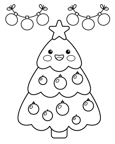 Free printable Christmas tree coloring page of a cute kawaii tree with an ornament garland for kids