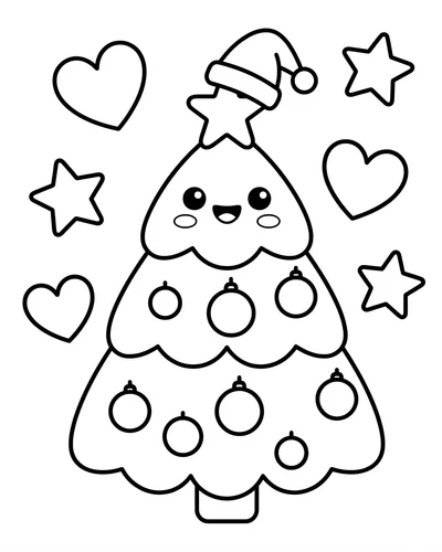 Free printable Christmas tree coloring page of a happy kawaii tree wearing a santa hat for kids