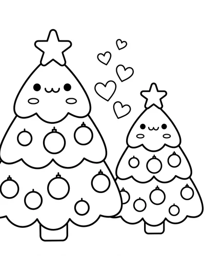 Free printable Christmas tree coloring page of two cute trees with hearts for kids