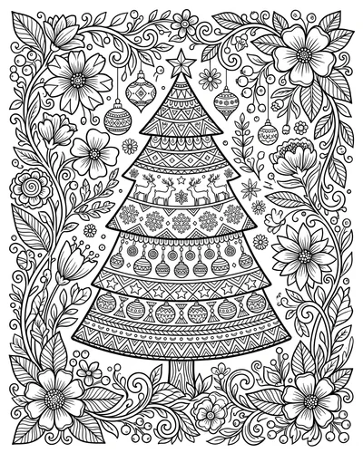Free printable Christmas tree coloring page of a patterned tree with reindeer and a floral border for adults