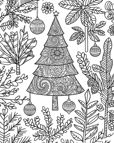 Free printable Christmas tree coloring page of a detailed tree with hanging ornaments and winter plants for adults