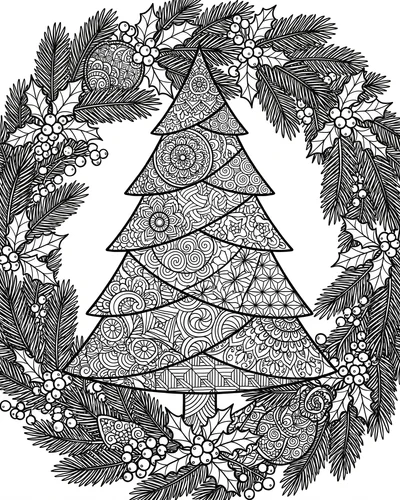 Free printable Christmas tree coloring page of an intricate tree inside a pine and holly wreath for adults