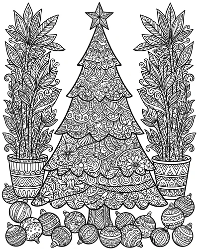 Free printable Christmas tree coloring page of a patterned tree flanked by potted plants and baubles for adults