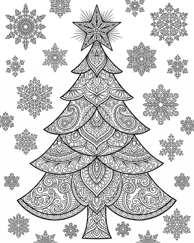 Free printable Christmas tree coloring page of an intricate tree with a star and detailed snowflakes for adults