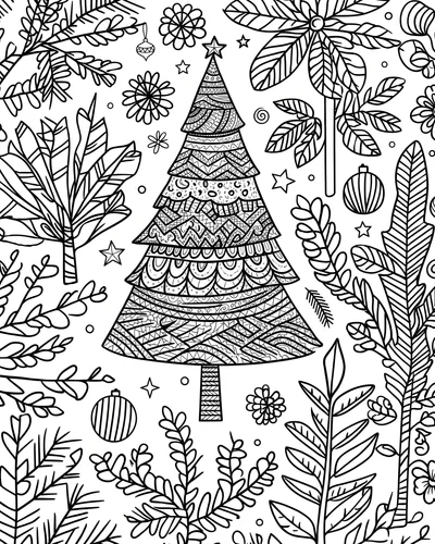 Free printable Christmas tree coloring page with intricate mandala patterns and winter leaves for adults
