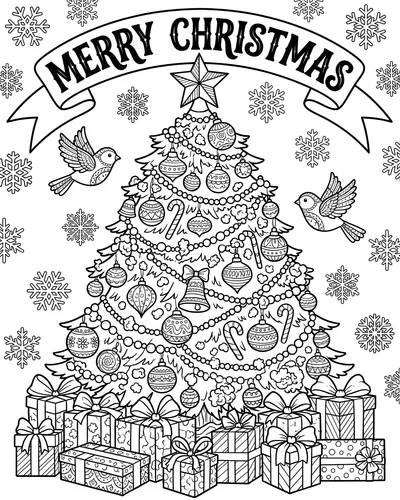 Free printable Merry Christmas tree coloring page with a banner, birds and gifts for kids