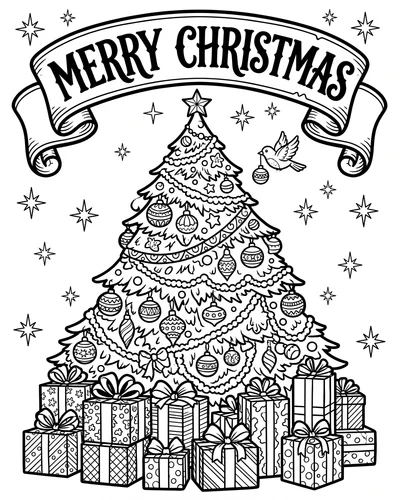 Free printable Merry Christmas tree coloring page of a classic decorated tree with gifts for kids