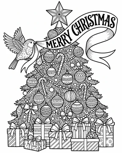 Free printable Merry Christmas tree coloring page of a robin carrying a banner for adults