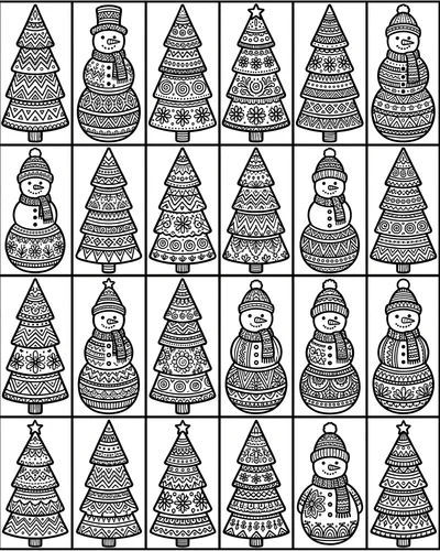 Free printable Christmas tree coloring page with a grid of mini patterned trees and snowmen for kids