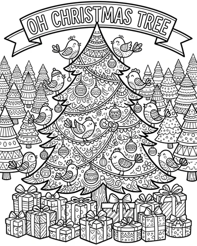 Free printable Christmas tree coloring page with an Oh Christmas Tree banner, birds and forest for kids