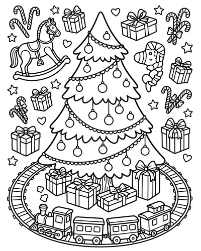 Free printable Christmas tree coloring page with a rocking horse and a train circling the tree for kids