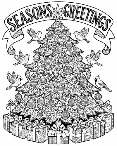 Free printable Season's Greetings Christmas tree coloring page with birds and cardinals for adults