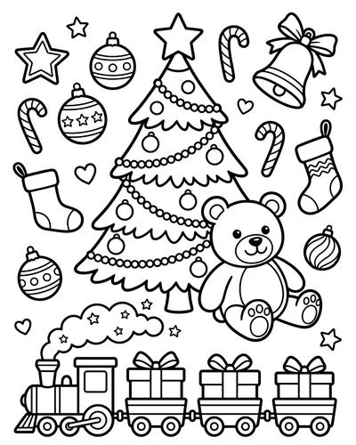 Free printable Christmas tree coloring page with a teddy bear and a toy train carrying gifts for kids