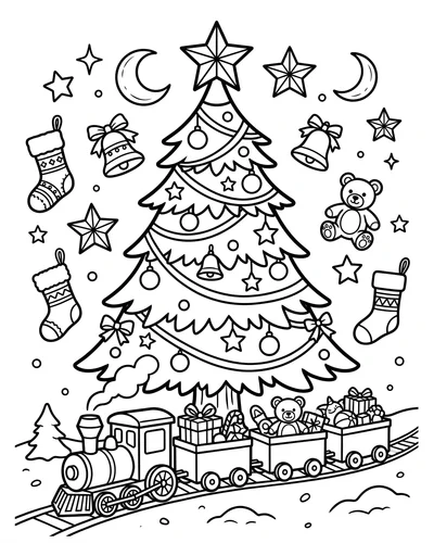 Free printable Christmas tree coloring page with a teddy bear and a toy train full of toys under the stars for kids