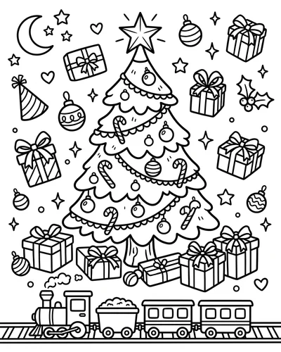 Free printable Christmas tree coloring page with a toy train and lots of gifts under a starry sky for kids