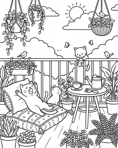 Free printable cute cat balcony 30 coloring page for adults and kids