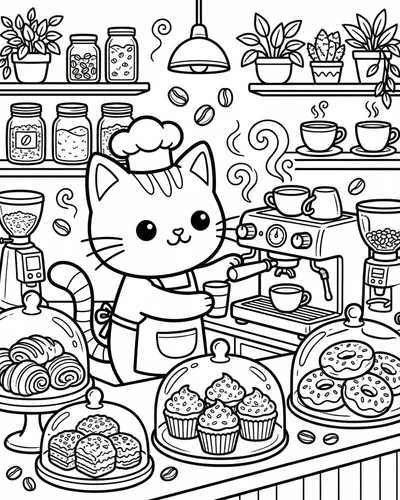 Free printable cute cat barista 8 coloring page for adults and kids