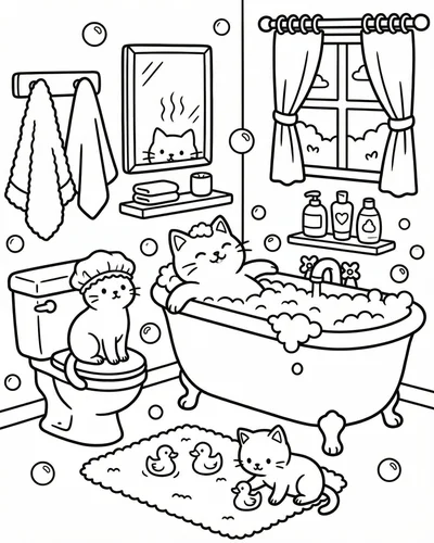 Free printable cute cat bathroom 26 coloring page for adults and kids