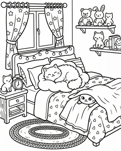Free printable cute cat bedroom 28 coloring page for adults and kids