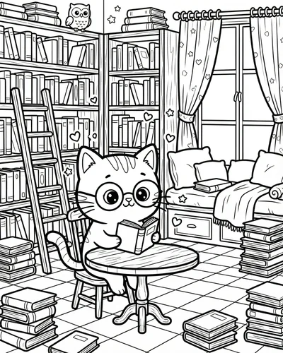 Free printable cute cat bookstore 13 coloring page for adults and kids