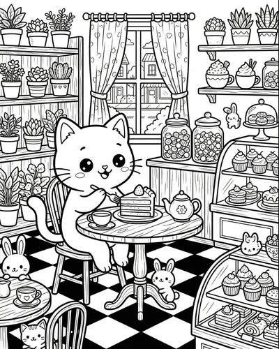 Free printable cute cat cafe 7 coloring page for adults and kids