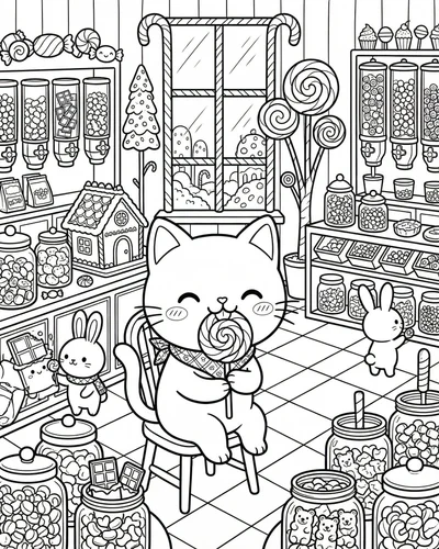 Free printable cute cat candy house 15 coloring page for adults and kids
