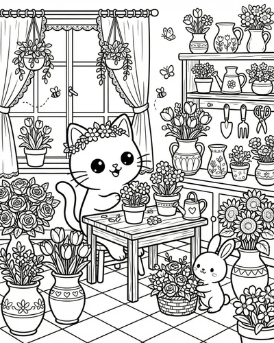 Free printable cute cat flower shop 12 coloring page for adults and kids