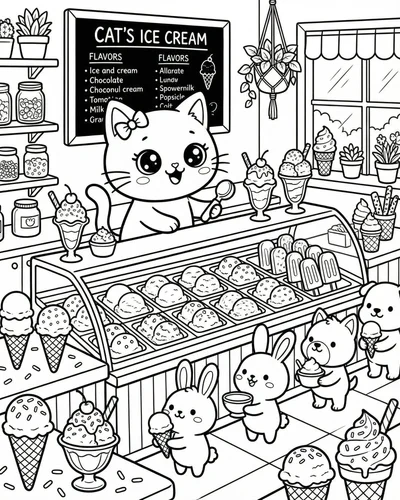 Free printable cute cat icecream 10 coloring page for adults and kids
