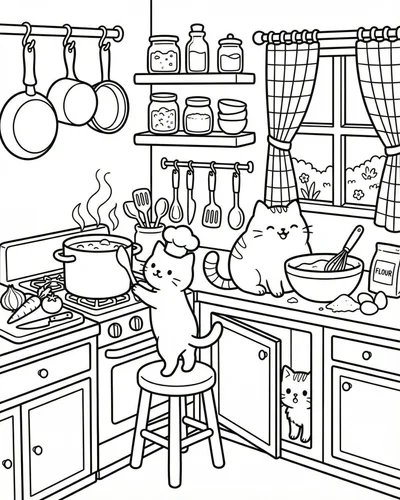 Free printable cute cat kitchen 27 coloring page for adults and kids
