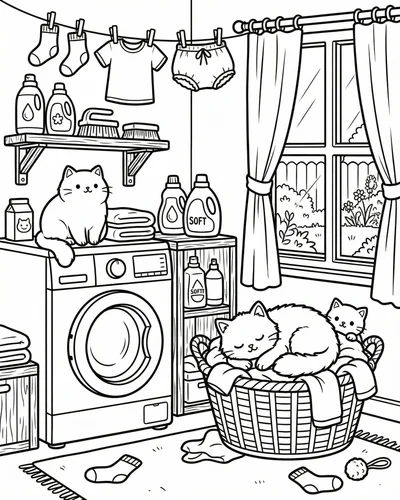 Free printable cute cat laundry 25 coloring page for adults and kids