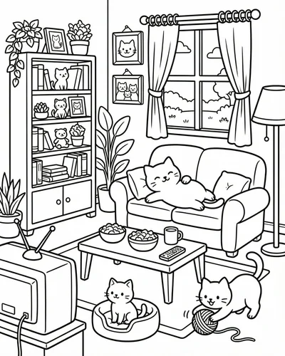 Free printable cute cat livingroom 29 coloring page for adults and kids