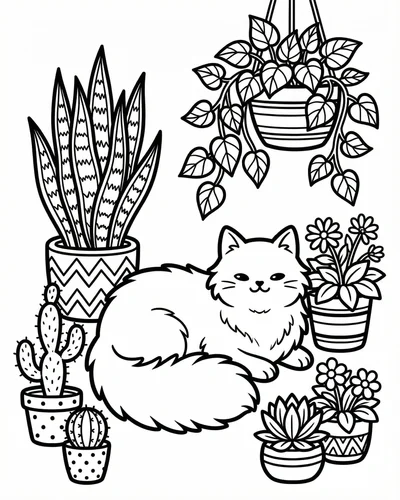 Free printable cute cat lying plants 2 coloring page for adults and kids