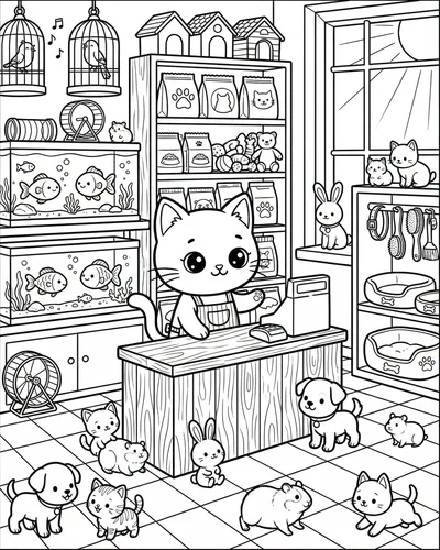 Free printable cute cat pet shop 16 coloring page for adults and kids