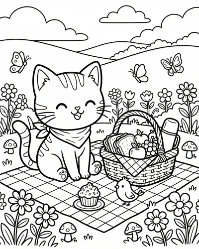 Free printable cute cat picnic 11 coloring page for adults and kids