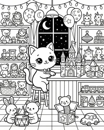 Free printable cute cat toy shop 14 coloring page for adults and kids