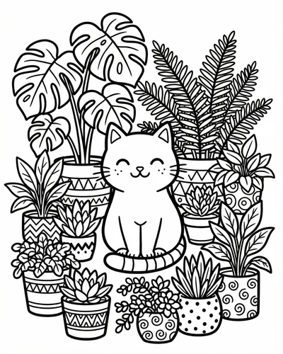 Free printable cute cat with plants 1 coloring page for adults and kids