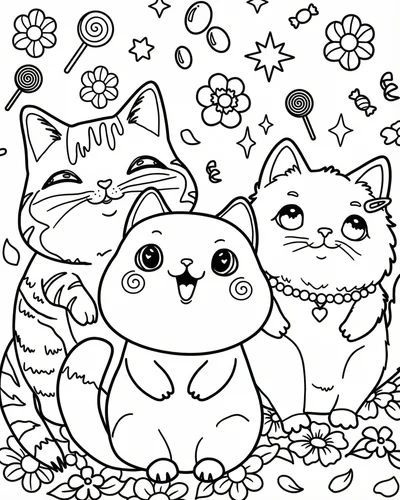 Free printable cute cats candy party 4 coloring page for adults and kids