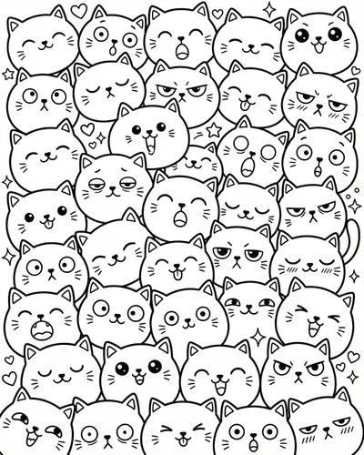 Free printable cute cats emotions 18 coloring page for adults and kids