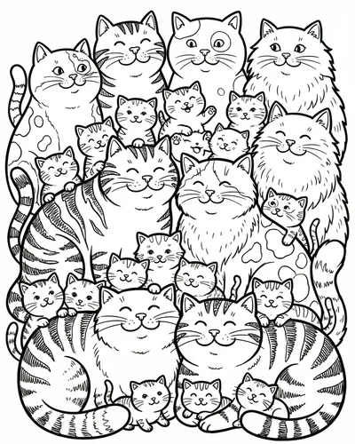 Free printable cute cats family 19 coloring page for adults and kids