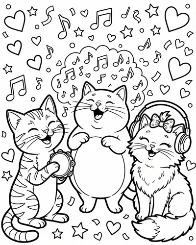 Free printable cute cats music party 6 coloring page for adults and kids