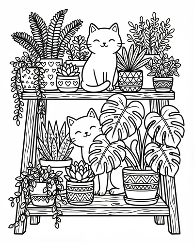 Free printable cute cats plant shelf 3 coloring page for adults and kids