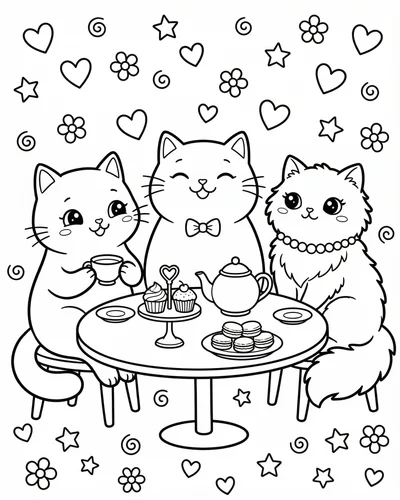 Free printable cute cats tea party 5 coloring page for adults and kids