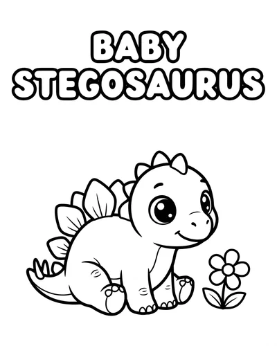 Tiny baby Stegosaurus with small rounded plates and big eyes beside a little flower, cute kids coloring page