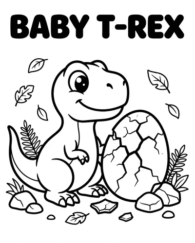 Curious baby T-Rex sitting beside a large cracked dinosaur egg surrounded by falling leaves, printable coloring page